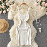 Knit Solid Women Summer Dress 2022 Slim Vacation Elegant Temperament Chic Backless Ladies A Line Midi