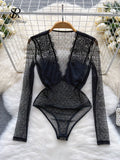 Women Lace Sexy Bodysuits Perspective Dot Bodycon Jumpsuits Long Sleeve Inside Wear Fashion Thin Mesh
