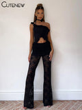 Stacked Lace Pants Women Solid Sexy See Through High Waist Slim Trouser Simple Solid Trend Female Stunning Chic Bottoms-Outfit