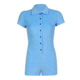Solid Playsuits Single-Breasted Short Sleeve Bodysuits Vintage Biker Overalls Women Turn Down Collar Jumpsuits