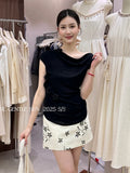 Xixi 13 Lines 2025 Summer New Temperament Ice Silk Bottom Knitted Flower Design Short-Sleeved T-Shirt