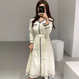 O-Neck Casual Belt Slim Long Sleeve Korean Style 2021 Fashion Women A-Line White Autumn Midi Spring Knitted