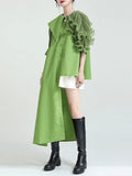 Women Green Pleated Irregular Long Blouse New Lapel Half Sleeve Loose Fit Shirt Fashion Tide Spring Summer 2023