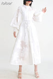 Elegant Solid Dresses For Women Stand Collar Long Sleeve Single Breasted High Waist Tunic Embroidery Dress Female