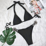 Toloer Sexy Bikini Color Female Split Strap Deluxe Crystal Diamond Swimsuit Metal Accessory