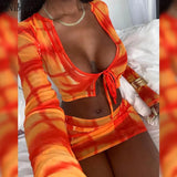vintage fashion graphic 2 piece set female sexy see-through mesh fabric v neck lacing crop top&mini skirt Matching
