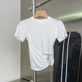 Minimalist Solid T Shirt For Women O Neck Short Sleeve Patchwork Chain Irregular Slim T Shirts Female Summer