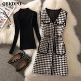 plaid Mid-Length Tweed Vest Jacket with belt Casual Long Waistcoat And Knitted Sweater Elegant 2 Piece Set Women Outfits 425-1-Outfit