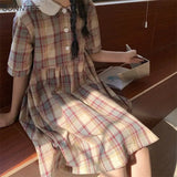 Women Peter Pan Collar Retro Plaid Harajuku Kawaii Girl Loose Preppy Style Leisure Summer Popular Ulzzang Midi Vintage