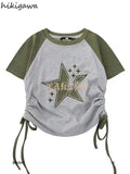 Women T-shirts Vintage Fashion Crop Tops Chic Star Embroidery Korean Tees 2023 Ropa Mujer Slim Fit Drawstring Y2k