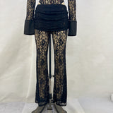 Toloer Sexy Lace Stitching Deep V Long Sleeve Top Slim See-Through High Waist Bell Bottoms Women's Suit-Outfit