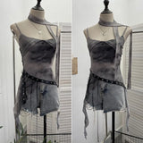 Spice Girls Newspaper Tie-Dye Printing Net Waste Vest Irregular Rope Ribbon