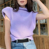 Casual high neck Sleeveless women's sweater vest With Shoulder Pads Knitted Pullover Fashion Autumn Winter jumper