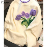 Fashion Delicate Tulip Flower Apricot Sweater Women Autumn Winter Warm Loose Soft Knitted Sweaters Female Pullover