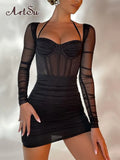 Sheer Mesh Square Collar Halter Corset Mini Dress Women Night Club Party Bodycon Dresses Ruched Vestido