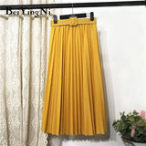 Korean Style Pleated Midi Skirt Women Casual New Fashion High Elastic Waist Skirts Black Pink Elegant Skirt Belt