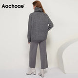 Elegant Solid Knitted Two Piece Set Women Turtleneck Batwing Long Sleeve Loose Sweater Full Length Casual Wide Leg