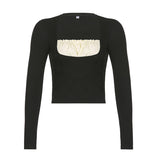 Korean Cute Y2K Retro Cotton Tops Lace Patchwork Buttons Kawaii Tshirts Autumn Square Collar Chic Casual