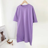 Women Casual Loose Solid 100% Cotton T Shirt Dress O Neck Mini Dress Batwing Short Sleeve Basic Dresses