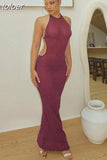 Apricot Backless Mesh Long Dress Summer For Women 2023 See Through Bodycon Off Shoulder Maxi Dress Sexy Evening