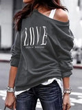 Yskkt Women's Pullover Sweatshirt Heart Printed Long Sleeve One Shoulder Tops Autumn Winter Sweat Shirts Woman Casual