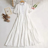 VAREY LIN New Summer Women Casual High Waist Single Breasted Vintage Dress Sweet Turn-down Collar Hollow Out Embroidery