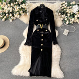 Retro Long-Sleeved Gold Velvet Dress Women's High-End Light Extravagant Suit Collar Waist Metal Button Medium Dress-Outfit