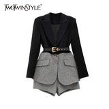 Korean Patchwork Plaid Two Piece Set For Women Lapel Long Sleeve Sashes Blazer Wide Leg Shorts Casual Sets