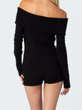 Women Knitted Playsuits Solid Color Slash Neck Off Shoulder Short Jumpsuits Long Sleeve Slim Rompers Clubwear 2024-Outfit