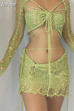 Summer Sexy Knit Bodycon Bandage Two Piece Skirts Set For Women 2023 Long Sleeve Backless Crop Top And Booty Mini