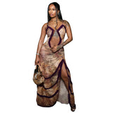 Toloer Women's New Sling With Hollow Out Pleated Lace Slit Dress