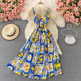 Fashion Holiday Boho Sleeveless Dress Woman Sexy Spaghetti Strap Backless Floral Print Bow Slim Long Party Dress