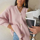 WOTWOY Casual V-neck Knitted Oversize Cardigan Women Buttons Loose Lantern Sleeve Sweaters Female Basic White Autumn Winter