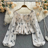 Print Halter Short Chiffon Blouse Women Slash Neck Fold Sheath Long Sleeve French Elastic Waist Streetwear Fashion