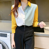 Korean Long Sleeved Chiffon Shirt Women Splicing Color Singel Breasted Women's Blouse Autumn Lapel Top Female Blusas