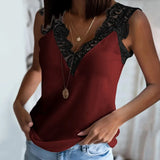Women Elegant Sleeveless Tops Lace Splicing V-Neck Tank Top Summer 2021 Casual Womens Solid Color Blouse Shirts Plus