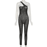 Leopard Print Mesh Skinny Jumpsuit Women One Shoulder Sleeveless Patchwork Fitness Party Activewear Basic Wild Female