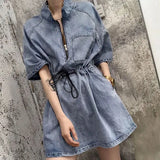 VAREY LIN 2022 New Spring Summer Women Casual Denim Dress Fashion Zipper Stand Collar Drawstring Adjustable Waist Denim