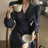 End Bandage Bodycon Black Dress for Women Lace Slim Fashion V-neck Puff Sleeve Dots Party Evening Dresses Elegant