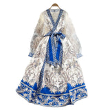 Retro Design Cross V-Neck Yarn Lantern Sleeve Strap To The Belt Print Big Swing Ponve