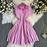 Retro-Necked Short-Sleeved Striped Knitted Dress Female Waist Temperament Thin A-Word