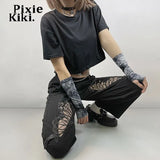 Black Lace Butterfly Hollow Out See Through Crop Top Women Y2k Clothes Summer Fairycore Grunge T Shirts