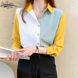 Korean Long Sleeved Chiffon Shirt Women Splicing Color Singel Breasted Women's Blouse Autumn Lapel Top Female Blusas