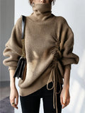 Tops 2022 Women Solid Color Drawstring Pleated Turtleneck Sweater Women's Pullover Loose Top Oversized Sweater