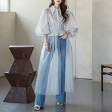 Minimalist Solid Dress For Women Lapel Lantern Long Sleeve High Waist Patchwork Mesh Midi Dresses Female 2022