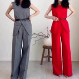 Summer New Solid Color Round Collar Sleeveless Top High Waist Broad Leg Pants Two Sets Of