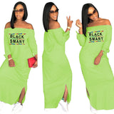 Sexy Slash Neck Ladies Solid Color Letter Printing Long Dress Home Casual Street Loose Large Size