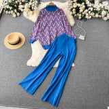 Winter Retro Casual Sweater Sets Women Rhombus Print Knitwear+Elastic Waist Long Wide Leg Pants Fashion Knit