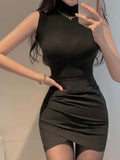 Turtleneck Sleeveless T Shirts Female Vintage Women Clothing 2023 Summer New Slim Tee Shirt Femme Fashion Korean Y2K Tops-Outfit