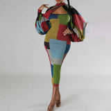 New Fashion Splicing Color Print Long-Sleeved Large-Size
